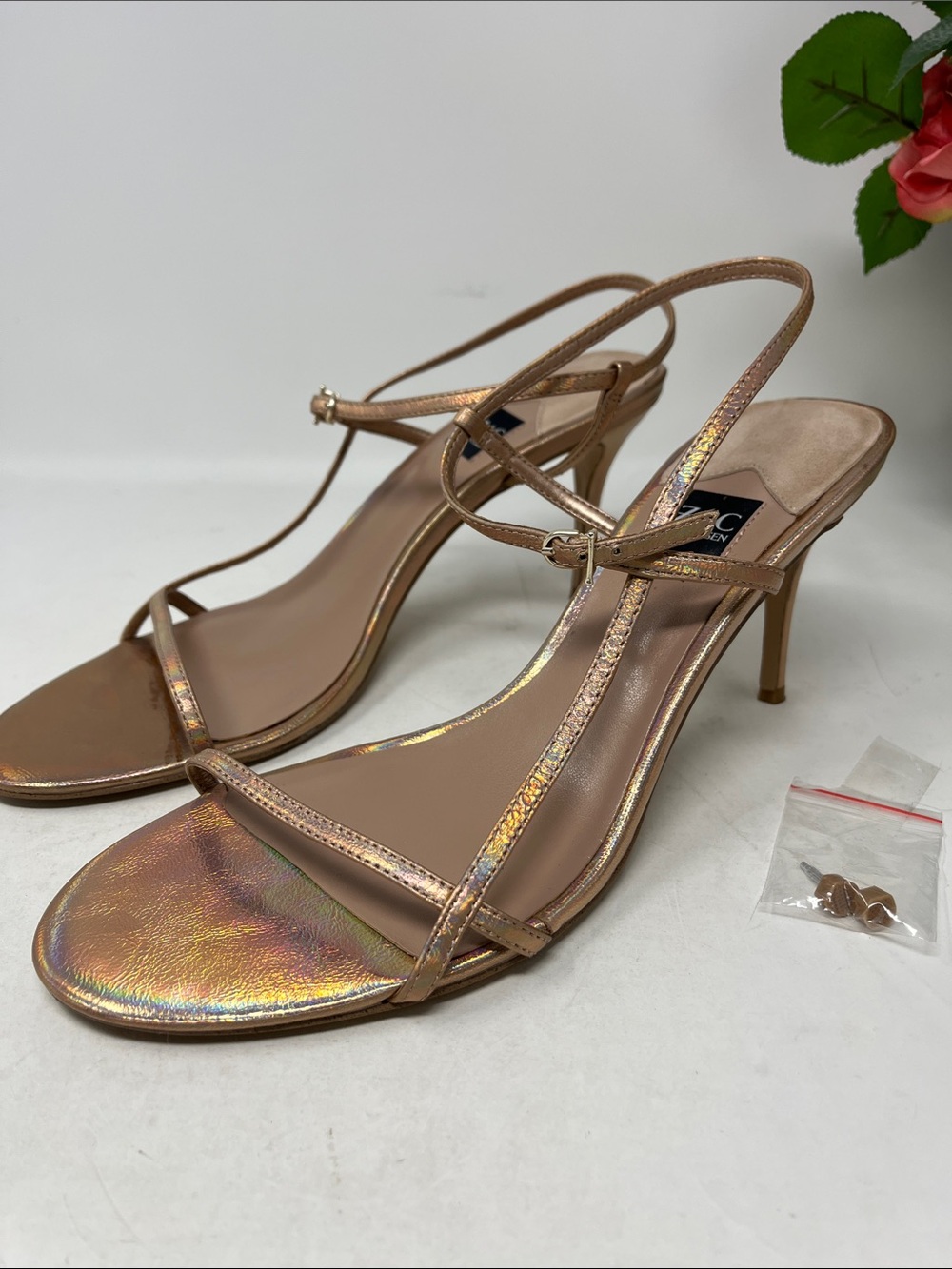 ZAC ZAC POSEN WILLIAM LEATHER UPPER IRIDESCENT ROSE GOLD STRAPPY HEELS SZ 11
